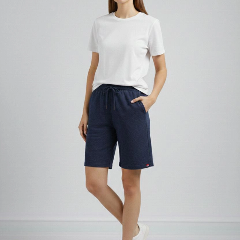 Kadın otoban Dokuma Kumaş Beli Lastikli, Cepli, Yazlık Şort - Lacivert