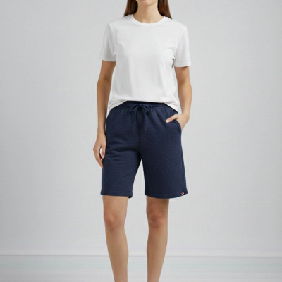 Kadın otoban Dokuma Kumaş Beli Lastikli, Cepli, Yazlık Şort - Lacivert