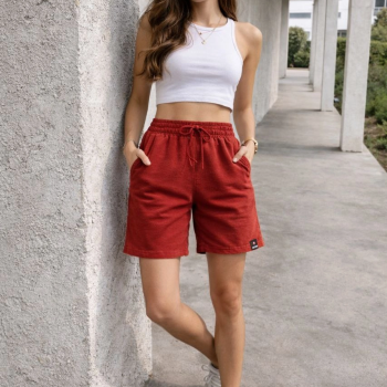 Kadın otoban Dokuma Kumaş Beli Lastikli, Cepli, Yazlık Şort - Turuncu