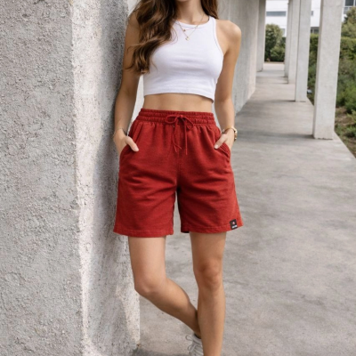 Kadın otoban Dokuma Kumaş Beli Lastikli, Cepli, Yazlık Şort - Turuncu