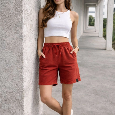 Kadın otoban Dokuma Kumaş Beli Lastikli, Cepli, Yazlık Şort - Turuncu