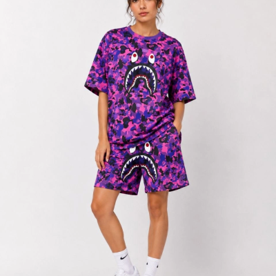 Kadın Oversize Kalıp Pubg Bape X Shark Nakışlı Cepli Şort Takım - Mor
