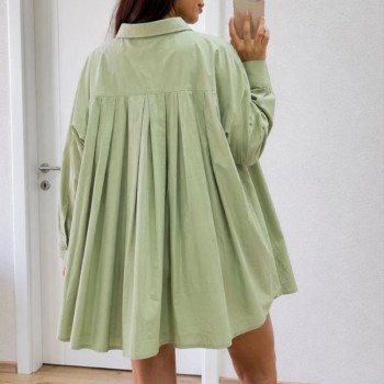 Kadın Oversize Pens Detaylı Cepli Yırtmaçlı Rahat Kalıp Poplin Gömlek - Yeşil