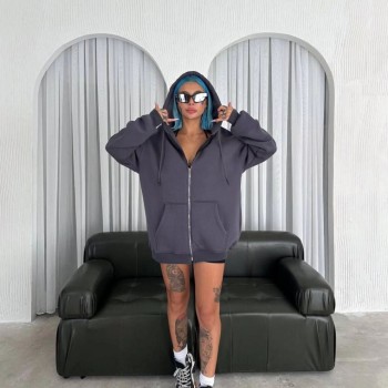 Kadın Oversize Tam Fermuarlı Uzun Kol Hırka - Füme
