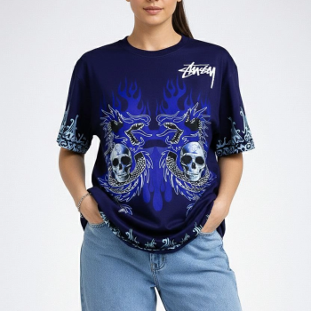 Kadın Oversize Tişört Dragon Kuru Kafa Baskılı Bisiklet Yaka T-Shirt - Lacivert Kadın Oversize Tişört Dragon Kuru Kafa Baskılı Bisiklet Yaka T-Shirt - Lacivert