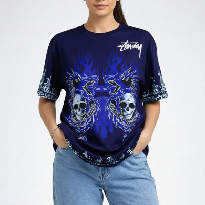 Kadın Oversize Tişört Dragon  Kuru Kafa Baskılı Bisiklet Yaka T-Shirt - Lacivert