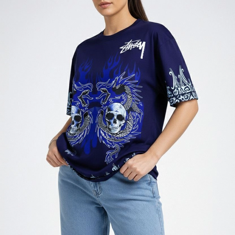 Kadın Oversize Tişört Dragon  Kuru Kafa Baskılı Bisiklet Yaka T-Shirt - Lacivert
