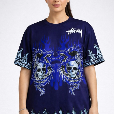 Kadın Oversize Tişört Dragon  Kuru Kafa Baskılı Bisiklet Yaka T-Shirt - Lacivert