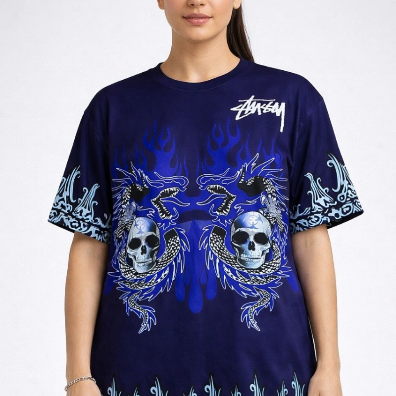 Kadın Oversize Tişört Dragon  Kuru Kafa Baskılı Bisiklet Yaka T-Shirt - Lacivert