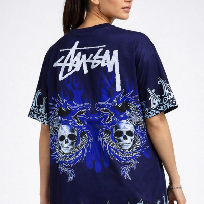 Kadın Oversize Tişört Dragon  Kuru Kafa Baskılı Bisiklet Yaka T-Shirt - Lacivert