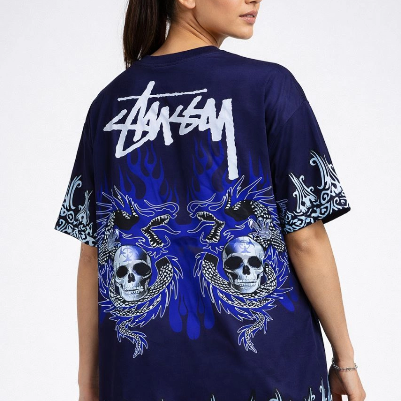 Kadın Oversize Tişört Dragon  Kuru Kafa Baskılı Bisiklet Yaka T-Shirt - Lacivert
