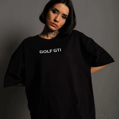 Kadın Oversize Tişört Golf GTI Retro Araba Baskılı T-shirt - Siyah
