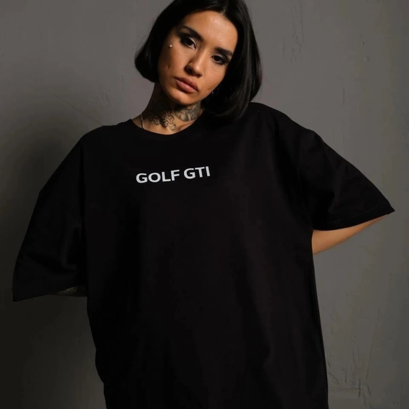Kadın Oversize Tişört Golf GTI Retro Araba Baskılı T-shirt - Siyah