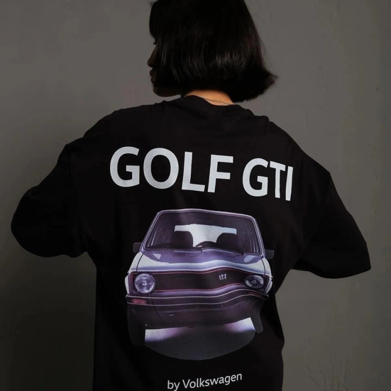 Kadın Oversize Tişört Golf GTI Retro Araba Baskılı T-shirt - Siyah