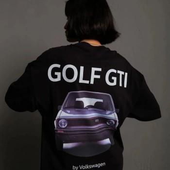Kadın Oversize Tişört Golf GTI Retro Araba Baskılı T-shirt- Siyah