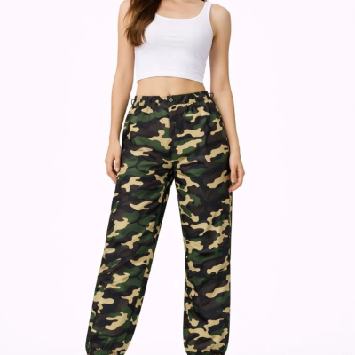 Kadın Paraşüt Kumaş Bel ve Paça Ayarlanabilir Lastikli Pantolon - Kamuflaj