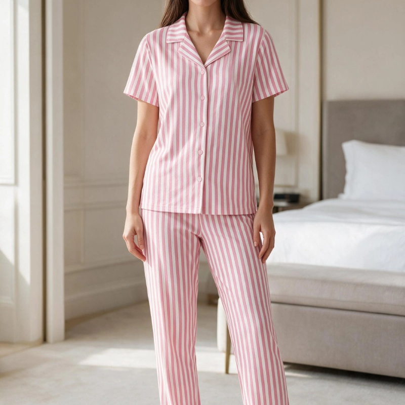 Kadın Pembe Beyaz Çizgili Kısa Kollu Düğmeli Milan Kumaş Pijama Takımı