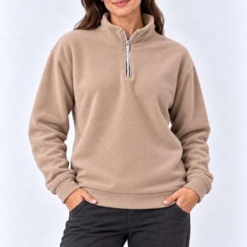Kadın Polar Dik Yaka Yarım Fermuarlı Uzun Kollu Regular Fit Kışlık Sweatshirt - Bej