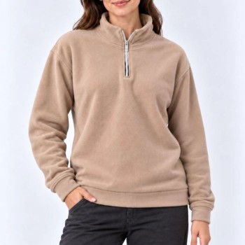 Kadın Polar Dik Yaka Yarım Fermuarlı Uzun Kollu Regular Fit Kışlık Sweatshirt - Bej