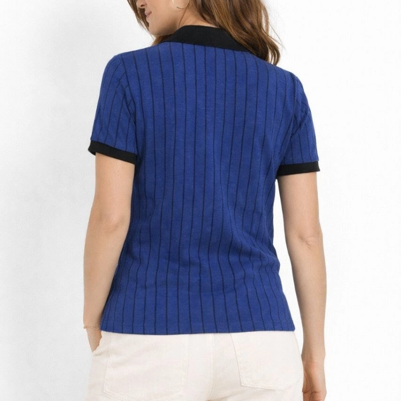 Kadın Polo Yaka Çizgili Tişört Kısa Kol Düğmeli Yazlık T-Shirt - Saks Mavisi