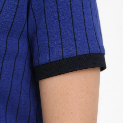 Kadın Polo Yaka Çizgili Tişört Kısa Kol Düğmeli Yazlık T-Shirt - Saks Mavisi