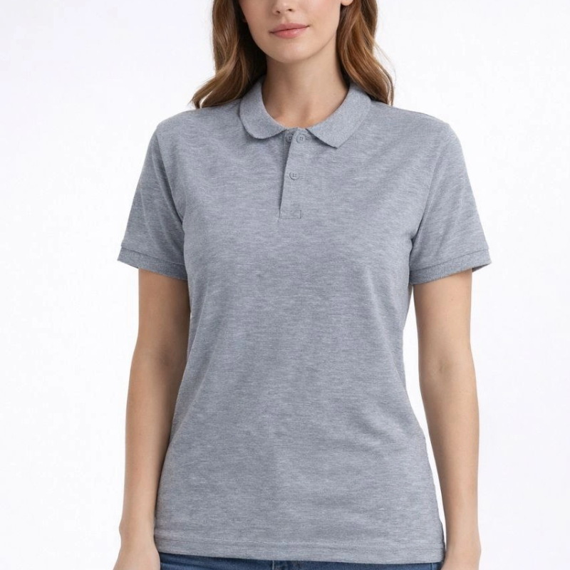 Kadın Polo Yaka Tişört Pike Kumaş Kısa Kol Regular Fit Yazlık T-Shirt - Gri