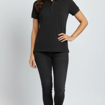 Kadın Polo Yaka Tişört Pike Kumaş Kısa Kol Regular Fit Yazlık T-Shirt - Siyah