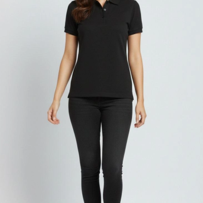 Kadın Polo Yaka Tişört Pike Kumaş Kısa Kol Regular Fit Yazlık T-Shirt - Siyah