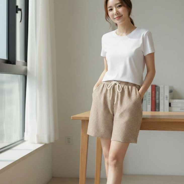 Kadın Pötikareli Şort Beli Lastikli Bağcıklı Cepli Kesim Şort - Bej