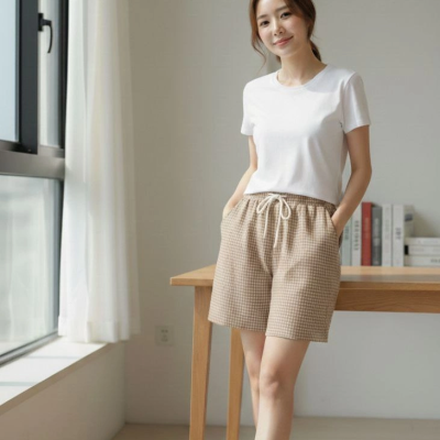 Kadın Pötikareli Şort Beli Lastikli Bağcıklı Cepli Kesim Şort - Bej