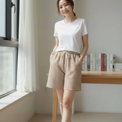 Kadın Pötikareli Şort Beli Lastikli Bağcıklı Cepli Kesim Şort - Bej