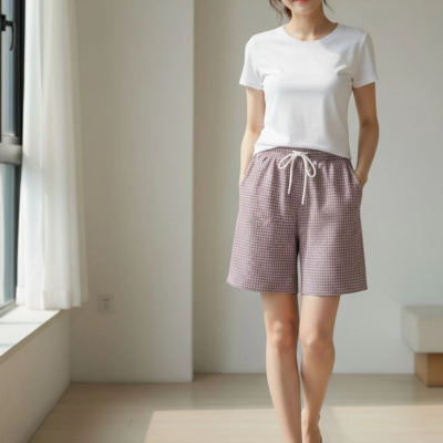 Kadın Pötikareli Şort Beli Lastikli Bağcıklı Cepli Kesim Şort - Gül Kurusu