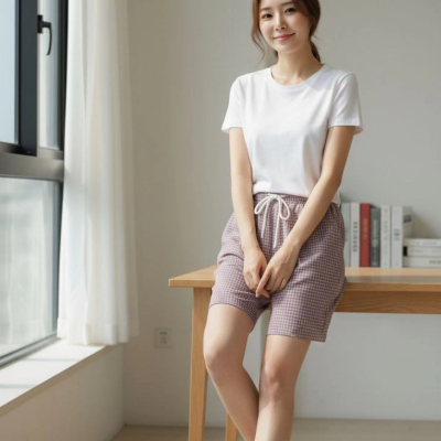 Kadın Pötikareli Şort Beli Lastikli Bağcıklı Cepli Kesim Şort - Gül Kurusu