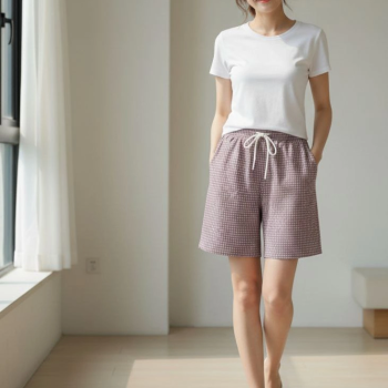 Kadın Pötikareli Şort Beli Lastikli Bağcıklı Cepli Kesim Şort - Gül Kurusu