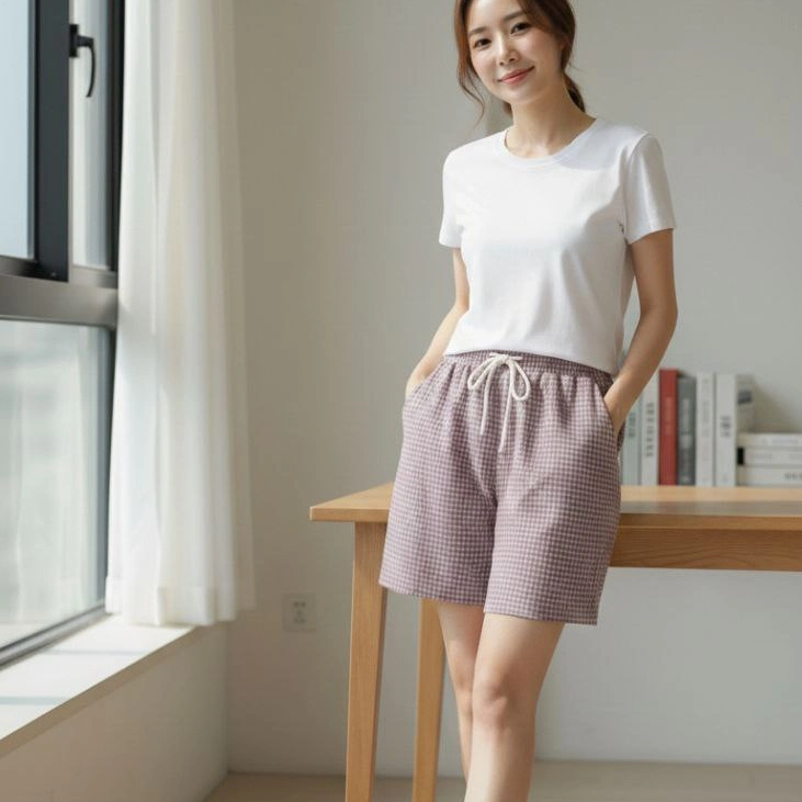 Kadın Pötikareli Şort Beli Lastikli Bağcıklı Cepli Kesim Şort - Gül Kurusu