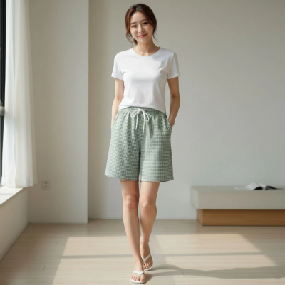 Kadın Pötikareli Şort Beli Lastikli Bağcıklı Cepli Kesim Şort - Mint Yeşili