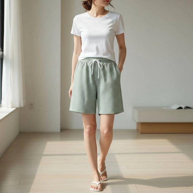 Kadın Pötikareli Şort Beli Lastikli Bağcıklı Cepli Kesim Şort - Mint Yeşili