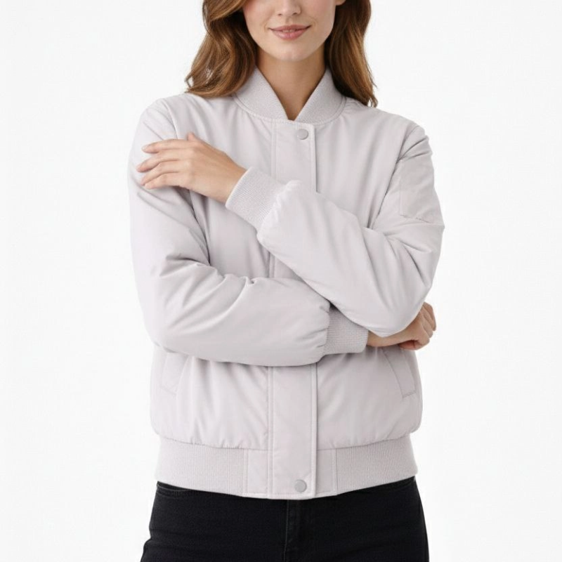 Kadın Premium Bomber Ceket Çıtçıt Kapamalı, Astarlı, Regular Fit Mont - Beyaz