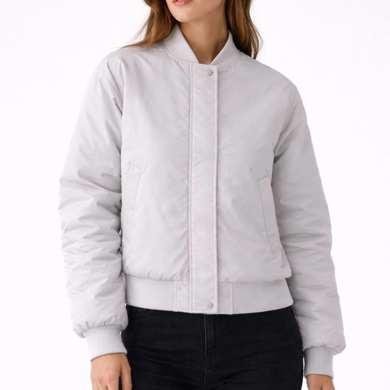 Kadın Premium Bomber Ceket Çıtçıt Kapamalı, Astarlı, Regular Fit Mont - Beyaz