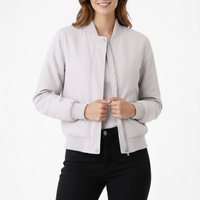 Kadın Premium Bomber Ceket Çıtçıt Kapamalı, Astarlı, Regular Fit Mont - Beyaz