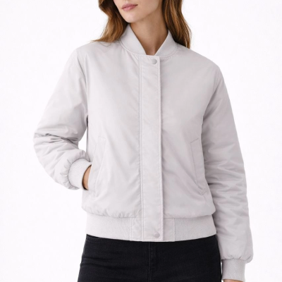 Kadın Premium Bomber Ceket Çıtçıt Kapamalı, Astarlı, Regular Fit Mont - Beyaz