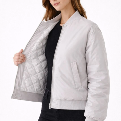 Kadın Premium Bomber Ceket Çıtçıt Kapamalı, Astarlı, Regular Fit Mont - Beyaz