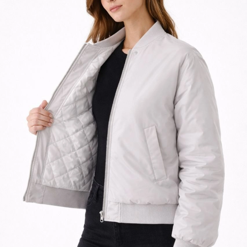Kadın Premium Bomber Ceket Çıtçıt Kapamalı, Astarlı, Regular Fit Mont - Beyaz