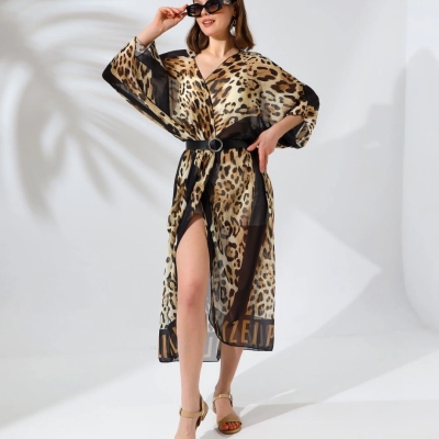 Kadın Rahat Kesim Şifon Kimono - Leopar