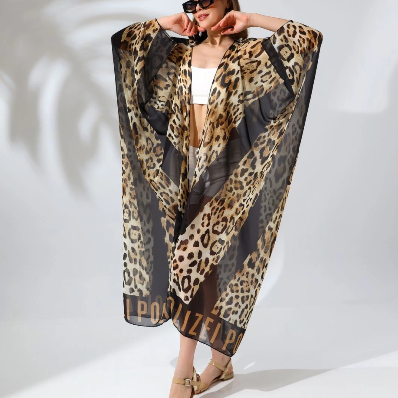 Kadın Rahat Kesim Şifon Kimono - Leopar