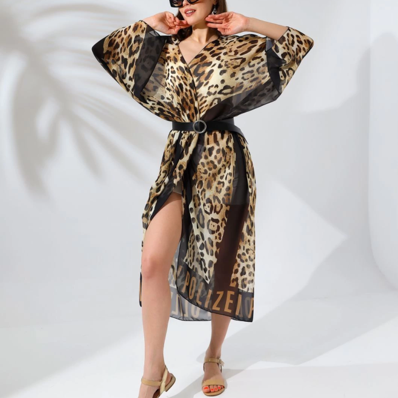 Kadın Rahat Kesim Şifon Kimono - Leopar