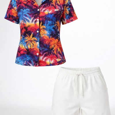 Kadın Renkli Tropikal Palmiye Desenli Kısa Kol Gömlek Şort Takım Yazlık Rahat Kalıp - Desenli