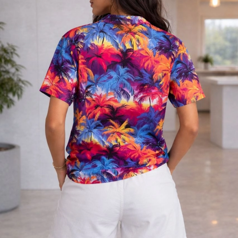 Kadın Renkli Tropikal Palmiye Desenli Kısa Kol Gömlek Şort Takım Yazlık Rahat Kalıp - Desenli