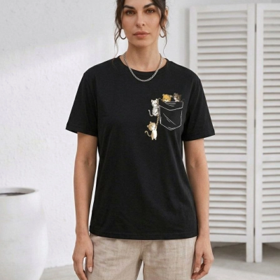 Kadın Sevimli Kedi Cep Baskılı Tişört Kısa Kol Yazlık T-Shirt - Siyah