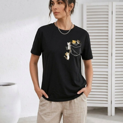 Kadın Sevimli Kedi Cep Baskılı Tişört Kısa Kol Yazlık T-Shirt - Siyah